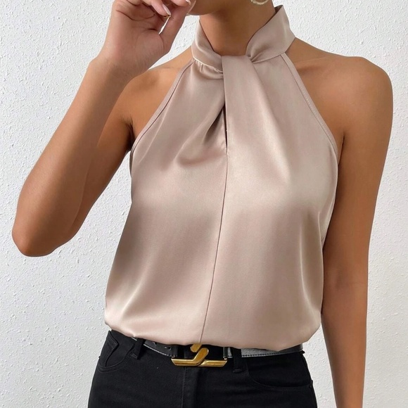 Luxe Champagne Satin Halter Minimalist Tank Top - Picture 1 of 15